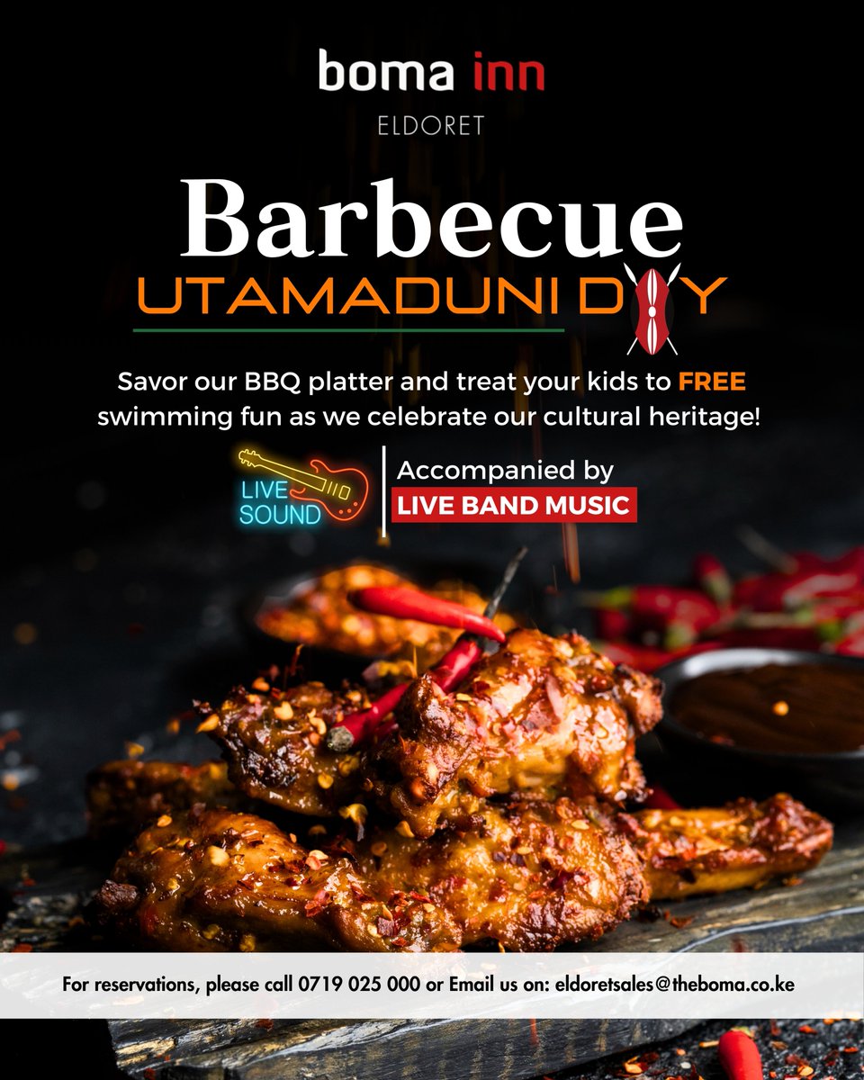 🍖 Savor the flavors of our BBQ platter and let the kids dive into FREE swimming fun as we celebrate our rich cultural heritage.
🎶 Enjoy with live band music &amp; 10% OFF on alcoholic beverages.

Call 0719 025 000 or email eldoretsales@theboma.co.ke. 

#UtamaduniBBQ #BomaInnEldoret