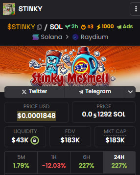 🚀$STINKY CHECK🚀

✅ DexScreener Top 3 trading - achieved!  
✅ 1000x golden tickets - bought!  
✅ DexScreener Ads - secured!  
✅ Calls - we got 'em!  
🔄 Airdrop - in progress, don't miss it!  
🔄 Website - working on it, stay tuned!  

We’re hitting all the marks 💨