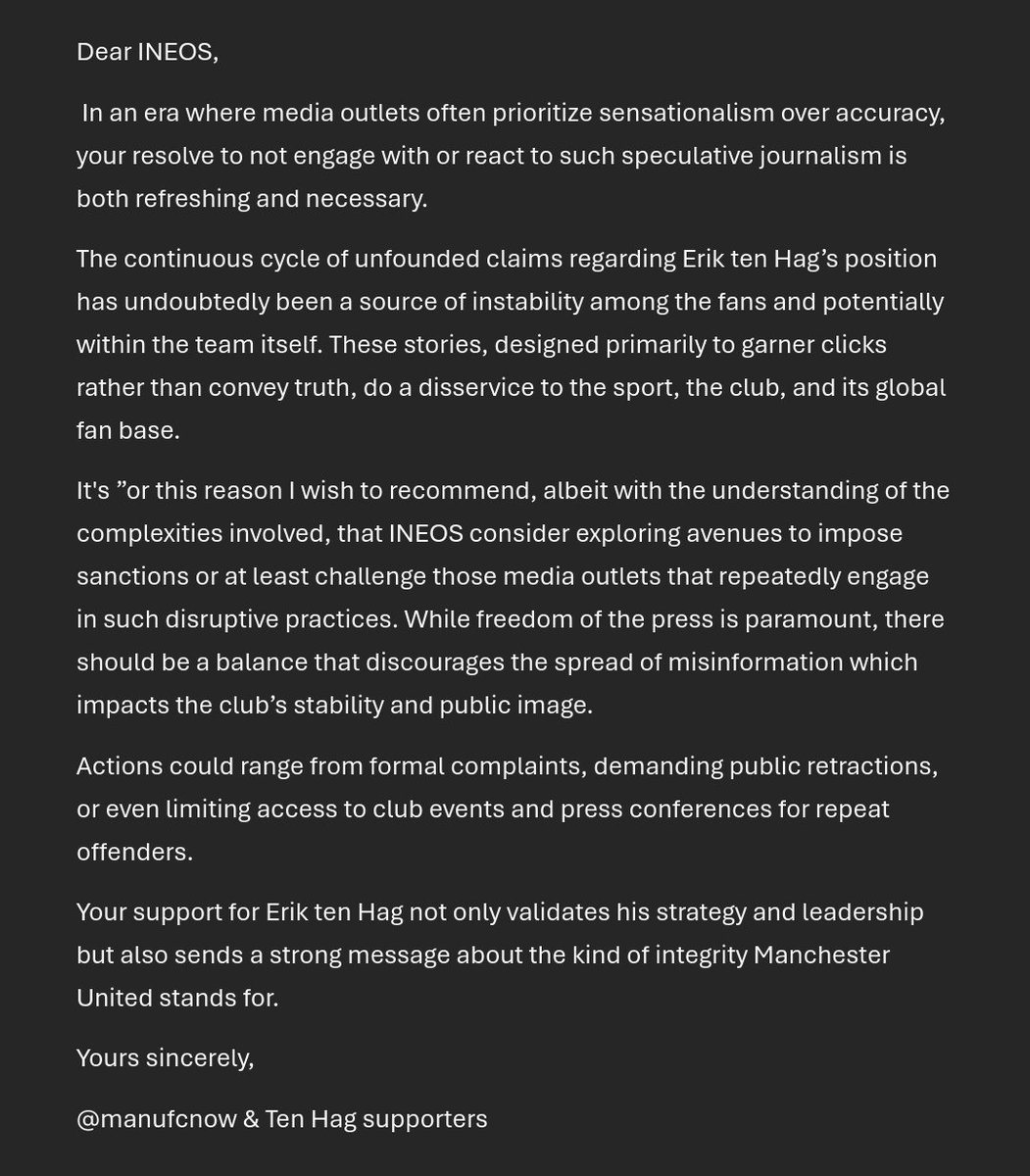 manufcnow's tweet image. ✉️ AN OPEN LETTER TO INEOS from the fans about the disgusting behaviour by the media who intend to destabilize the club in exchange for cheap clicks. 

♻️RETWEET MASSIVELY to support this cause!👈

🗣 CALL OUT THE MEDIA OUTLETS in the comments! Let's let them know we see them,…