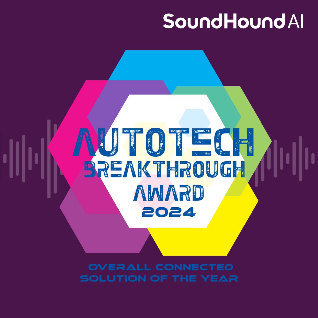 SoundHound's tweet photo. 🏆  Proud to share that SoundHound Chat AI Automotive has won “Overall Connected Solution of the Year” award in the 2024 @AutoTechAwards  🎉

Learn more: https://t.co/JYbkI3mEf8 https://t.co/2BnliD39Wx