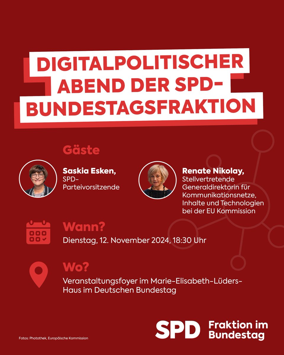 Die <a href="/spdbt/">SPD-Fraktion im Bundestag</a> und die <a href="/spdbt_netz/">Digitalpolitik@spdbt</a> laden ein zum 3. Digitalpolitischen Abend der SPD-Bundestagsfraktion mit Saskia Esken und Renate Nikolay - wann: am 12.11.2024 um 18:30 Uhr, jetzt hier anmelden: spdfraktion.de/digitalpolitik
