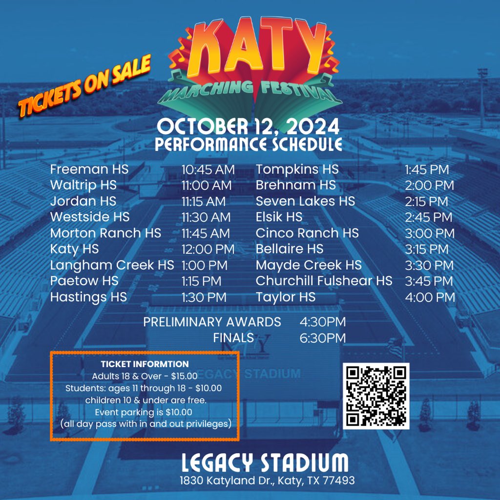 Katy Marching Festival (@katymarching) on Twitter photo UPDATE BAND ADDED!
Tickets now on sale for the #katymarchingfestival on October 12, 2024 featuring some of the top bands in the area. @fineartskatyisd #katyisdfinearts #highschoolmarchingband #katymarchingfestival <a href="/waltripramband/">Waltrip HS Roaring Red Ram Band</a> UPDATE BAND ADDED!
Tickets now on sale for the #katymarchingfestival on October 12, 2024 featuring some of the top bands in the area. @fineartskatyisd #katyisdfinearts #highschoolmarchingband #katymarchingfestival <a href="/waltripramband/">Waltrip HS Roaring Red Ram Band</a>
