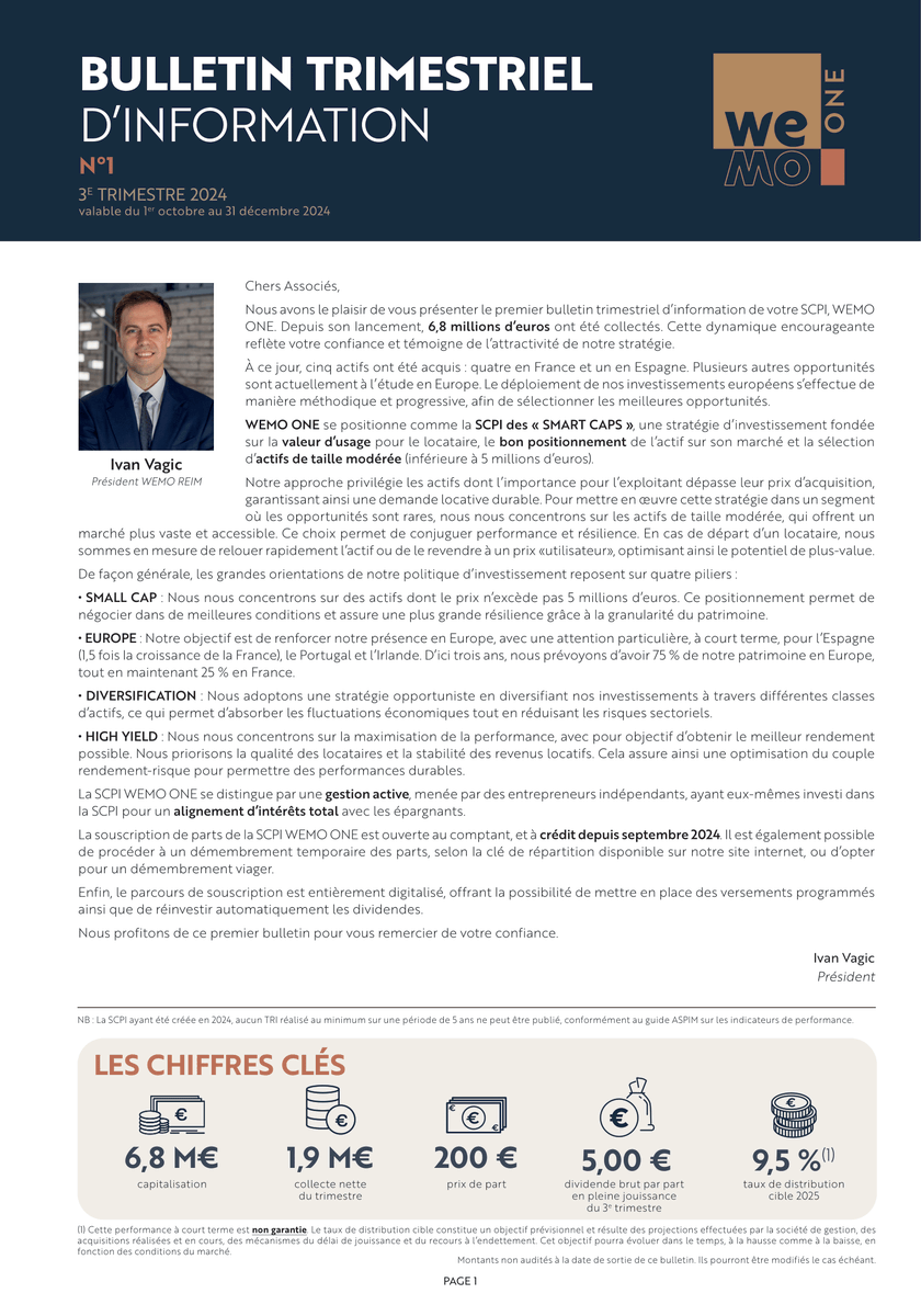 EuodiaFinance's tweet image. 🚀 #SCPI WEMO ONE : le #BulletinTrimestriel n°1 est disponible ! 🚀
🎯 Rendement cible 2025* : 9,5%
✅ Dividende brut trimestriel : 5,00 €
📈 Taux de distribution cible LT* : 7,0%
Découvrez la SCPI des «#SMARTCAPS 👉 linkedin.com/feed/update/ur… #Immobilier #Investissement 🏢💰 #CGP