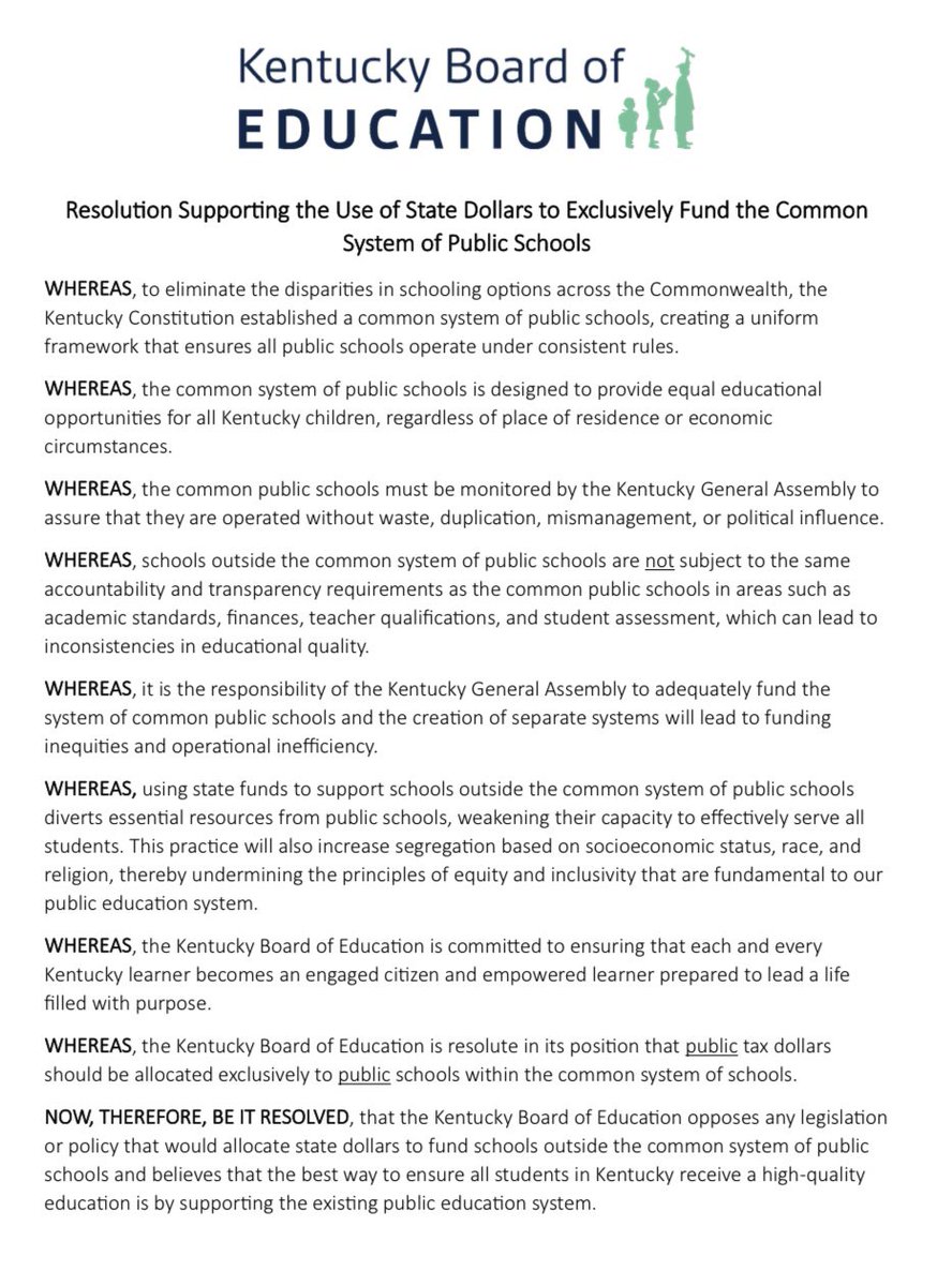 oliviakrauth's tweet photo. The Kentucky Board of Education passed a resolution against basically using public dollars for private or charter schools. 

Full resolution 👇🏻 https://t.co/5OpVVYkSGv