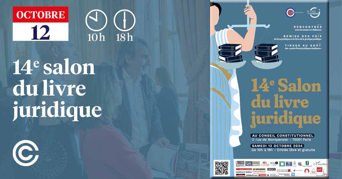 📚 Le Salon du livre juridique J-2 
De nombreux auteurs présents, 28 éditeurs, remise des Prix du livre et de la pratique juridique…  
🗓️ Rendez-vous le samedi 12 octobre de 10h à 18h
ENTRÉE LIBRE ET GRATUITE au Conseil constitutionnel
#SDLJ2024
➡️ salondulivrejuridique.fr