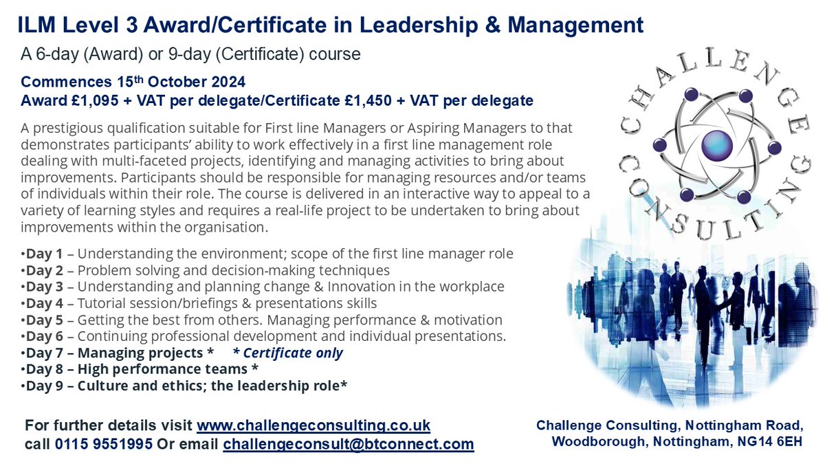challenge_notts's tweet image. Last few places - ILM Level 3 Award or Certificate in Leadership & Management commences 15th October in Nottingham - mailchi.mp/2426a7ec296e/l…