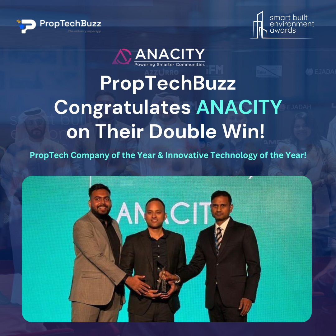 proptechbuzz's tweet image. PropTechBuzz Congratulates ANACITY on their double victory! 🎉

ANACITY wins Silver at the Smart Built Environment Forum &amp;amp; Awards 2024 in Dubai for PropTech Company of the Year &amp;amp; Innovative Technology of the Year! 🚀

#PropTechBuzz #ANACITY #PropTechAwards #DigitalTransformation