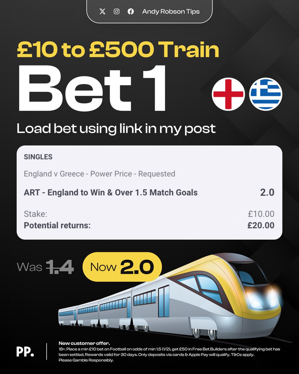 AndyRobsonTips's tweet photo. 🚂 Bet 1 | £10 to £500 Train Challenge

Load bet: https://t.co/SFqUDhNGfk

⚡️ The 1.40 to 2.0 price is exclusive to Paddy Power, you won't find it elsewhere.

Join here: https://t.co/0fUJikt4CI

Use my link, stake £10 on Bet 1, and claim £50 in Free Bets.

18+, T&amp;Cs Apply. Ad. https://t.co/EnLnCvfWcO