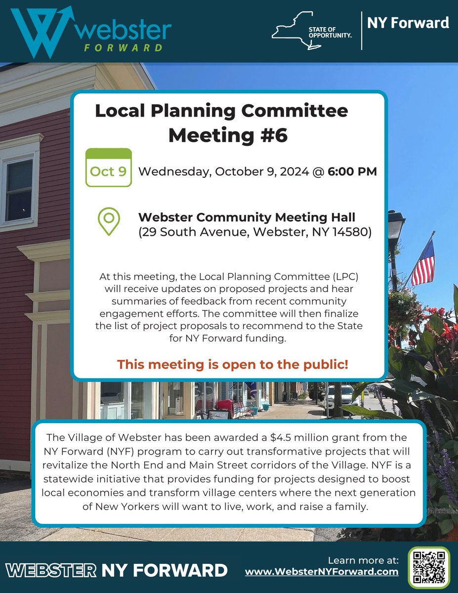 Join us this evening for the Webster NY Forward committee meeting. 
To learn more about this project, please visit:
websternyforward.com