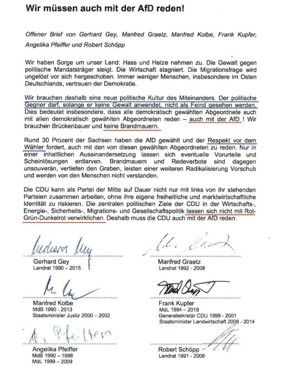 So sieht also die Brandmauer gegenüber der AfD aus. Sechs etwas prominentere sächsische Politiker der <a href="/CDU/">CDU Deutschlands</a> möchten, dass mit den Faschisten über eine Zusammenarbeit geredet wird.