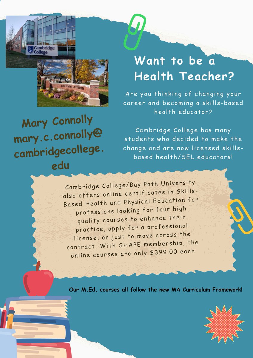 Are you looking for quality courses for a M.Ed. or HPE certificate programs? Cambridge College/Bay Path University offers high quality courses with professors who are expert in the field. Apply now for the spring semester. Email me with questions.