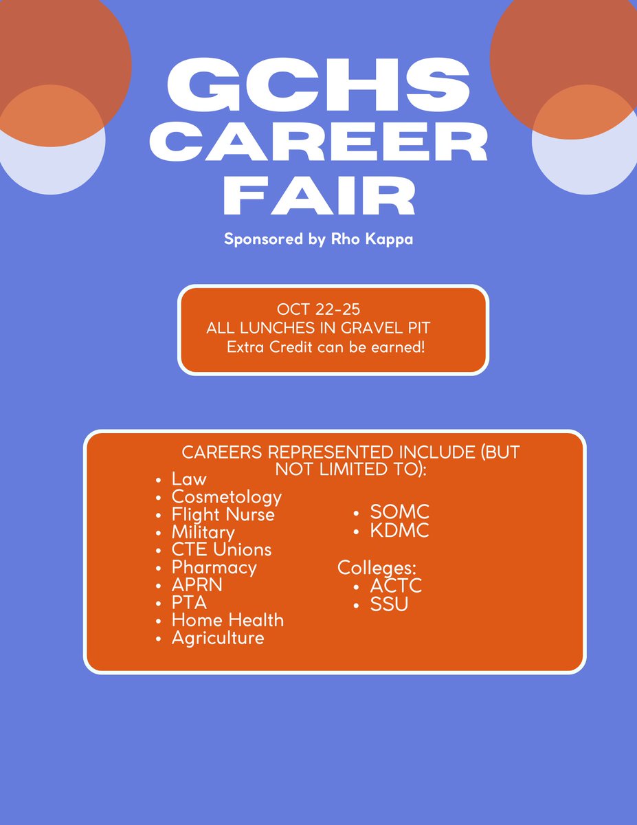 Get ready GCHS! In 2 weeks, a lunchtime career fair for 4 days! New careers each day! You can earn extra credit for attending! Mark your calendars, make plans to check it out. <a href="/GreenupSchools/">Greenup County Schools</a> (flyer does not represent all careers participating).