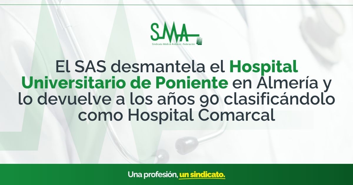 🟢 El SAS incumple su compromiso de mantener la estructura del Hospital Universitario de Poniente en Almería y lo degrada a la categoría de Hospital Comarcal con la correspondiente reducción en su cartera de servicios y de personal.

Más información en ➡️ simeal.es/noticias-infor…
