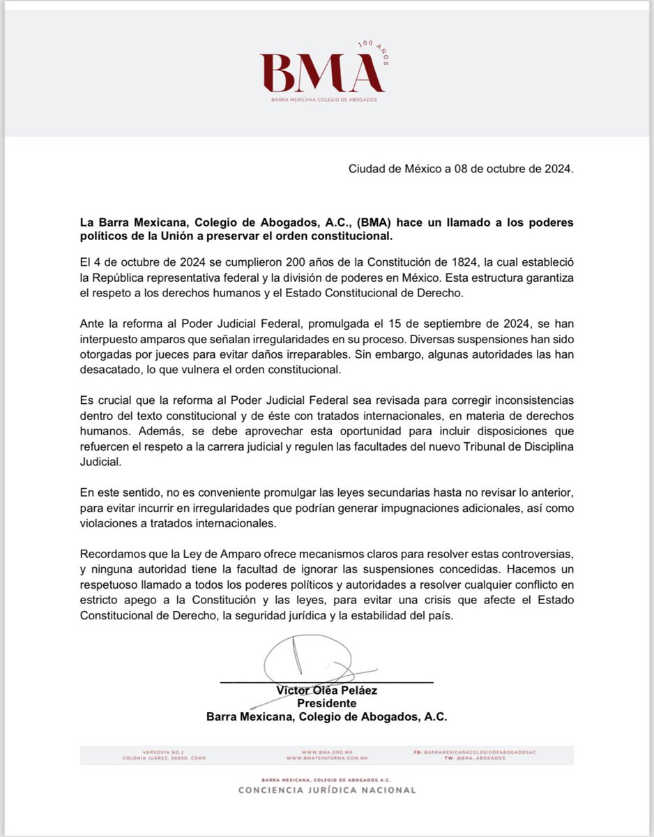 La <a href="/BMA_Abogados/">Barra Mexicana, Colegio de Abogados A.C.</a> hace un respetuoso llamado a todos los poderes políticos y autoridades a resolver cualquier conflicto en estricto apego a la Constitución y las leyes.  Hay que evitar una crisis que afecte el Estado
Constitucional de Derecho y la estabilidad del país.