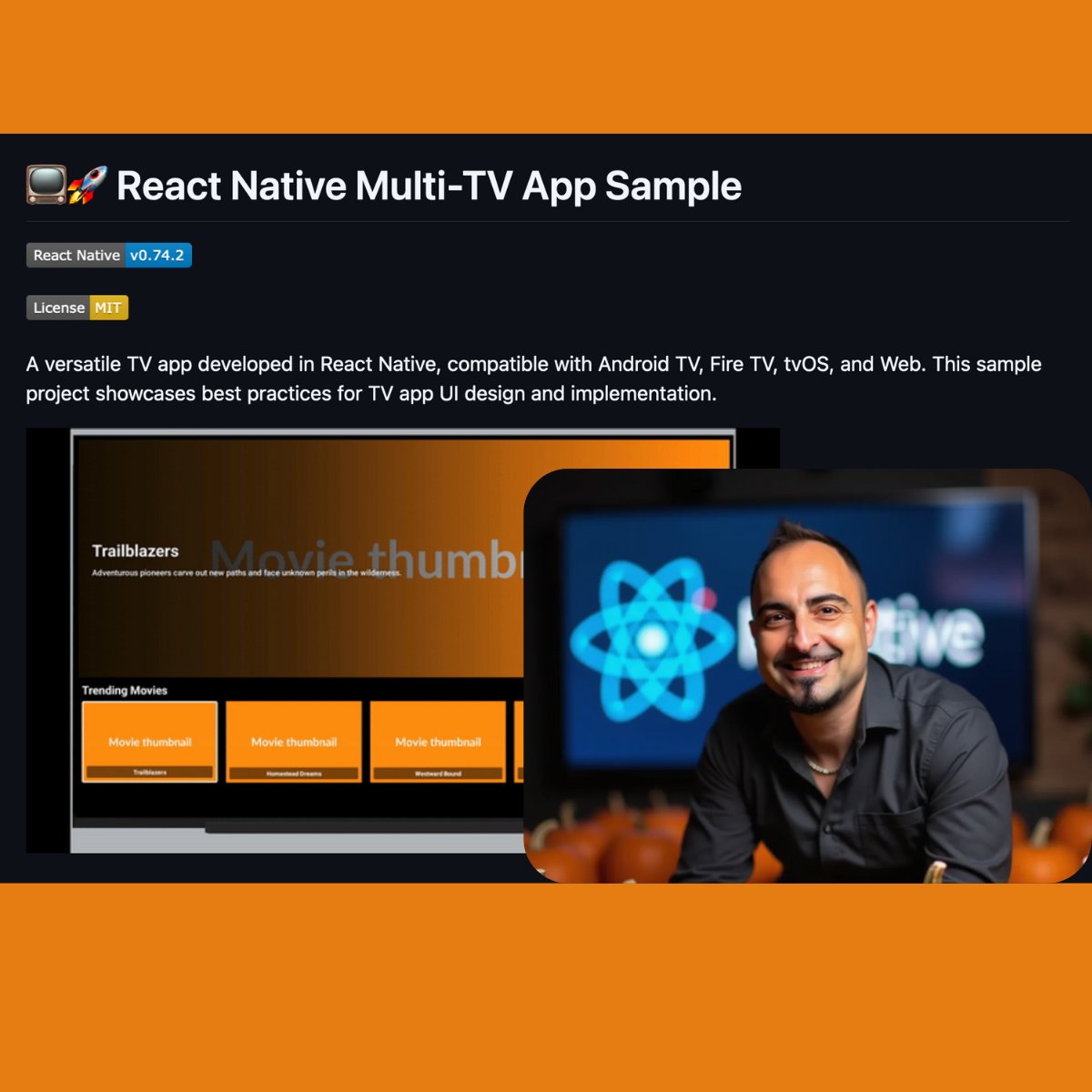 giolaq's tweet image. We are joining Hacktoberfest with our @AmazonAppDev   #ReactNative 📺⚛️ Multi-TV App Sample! 

Look for the 🎃-issues and drop me a message about how to start!

👇
x.com/AmazonAppDev/s…

#TVAppDevelopment #FireTV #AndroidTV #tvOS