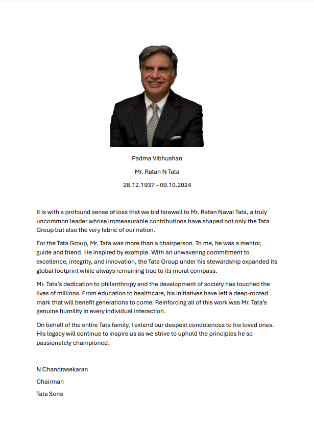 DDNewslive's tweet photo. Statement from the Tata Group

Chairman Emeritus, Ratan Tata passes away at 86. Ratan Tata passed away at Mumbai’s Breach Candy Hospital.

#RatanTata