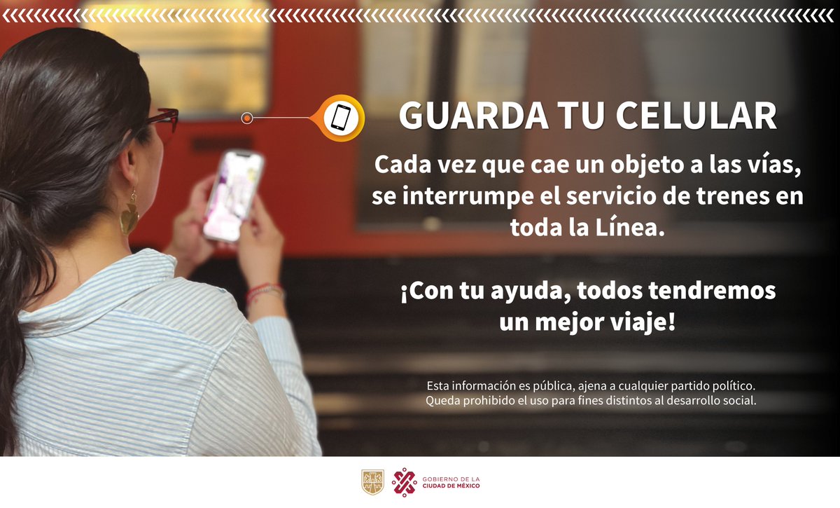 MetroCDMX's tweet photo. Reduce el uso de celulares y utiliza audífonos en volumen bajo de modo que puedas prestar atención a las indicaciones del personal del sistema, así como resguardar tus pertenencias a fin de evitar que caigan a vías. https://t.co/KF9nPtaSWH