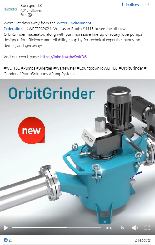 Did you see the new OrbitGrinder macerator from <a href="/BoergerUSA/">Boerger USA</a> at #WEFTEC24 

Booth 4415 - It's impressive tech from an impressive team!
#pumps #wastewater 
 boerger.lpages.co/weftec-2024/

<a href="/WEFTEC/">WEFTEC</a> #NOLA #builttohost <a href="/neworleansandco/">New Orleans & Company</a>