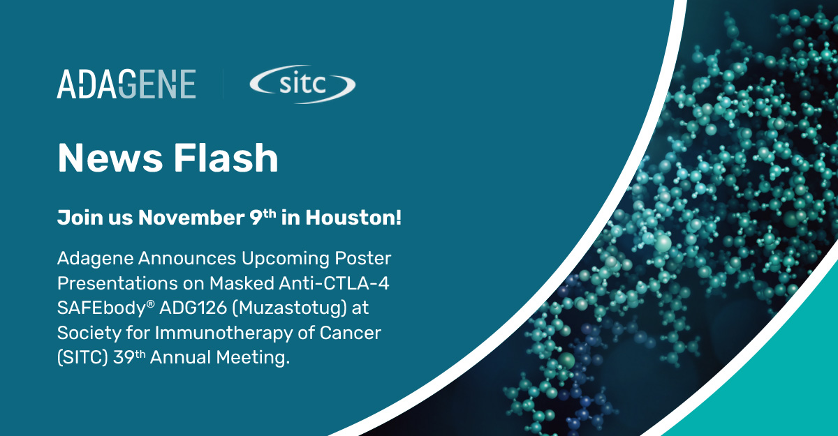 AdageneGlobal's tweet image. Join us 10/9 for our posters at the upcoming SITC annual meeting on our lead program, ADG126 (muzastotug), a masked anti-CTLA-4 antibody. Learn how the wider therapeutic index for ADG126 can help address patient populations w/ serious unmet needs.

loom.ly/YxQuPlg