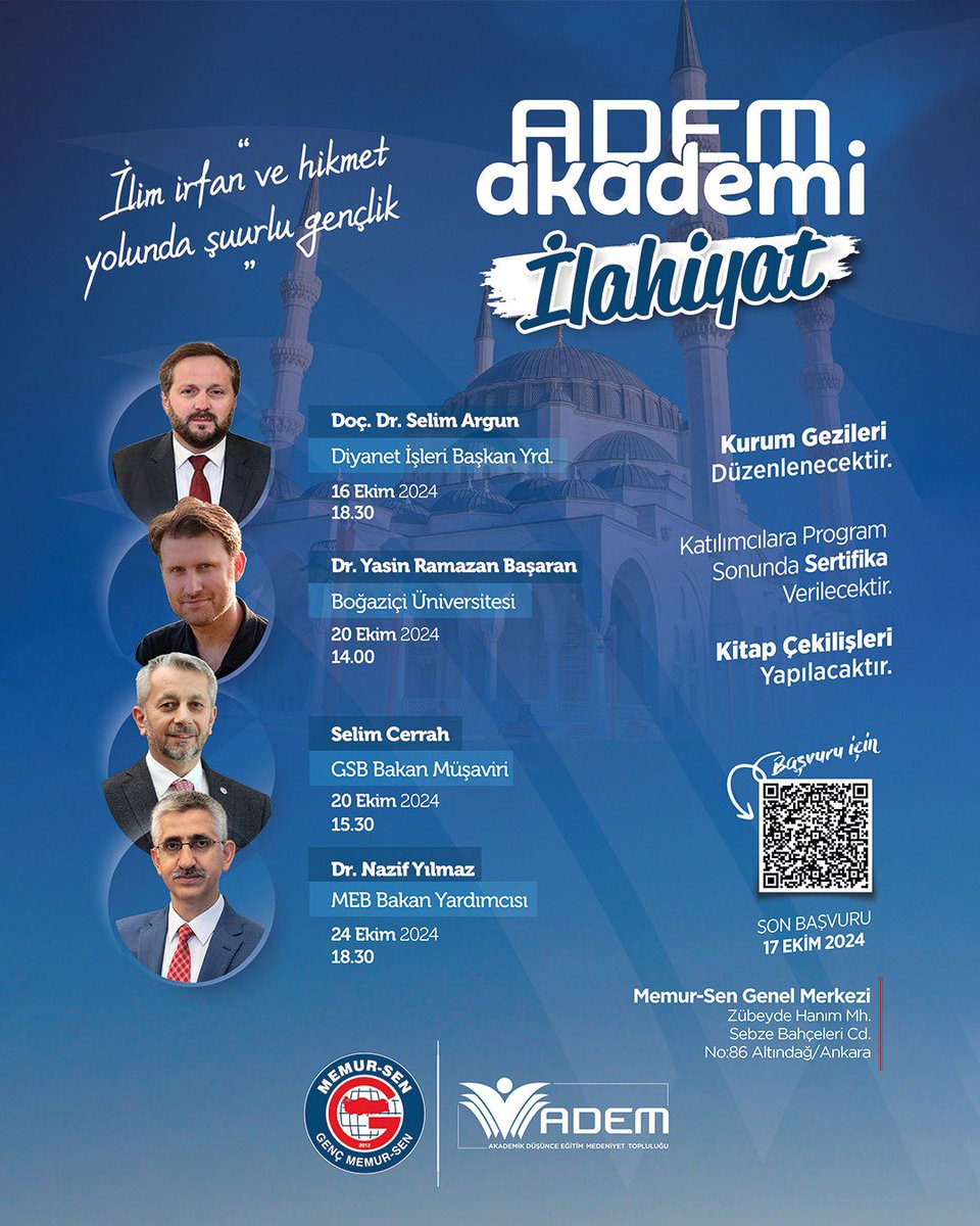 Gençler! Hazırsanız başlıyoruz😎

Herbiri birbirinden değerli konuklarımızdan bilgi ve tecrübe aktarımlarını dinleyeceğimiz Hukuk, Siyasal, Eğitim ve İlahiyat alanlarında gerçekleşecek sertifikalı ADEM Akademi 
eğitimlerimize başvuru için ⬇️

docs.google.com/forms/d/e/1FAI…