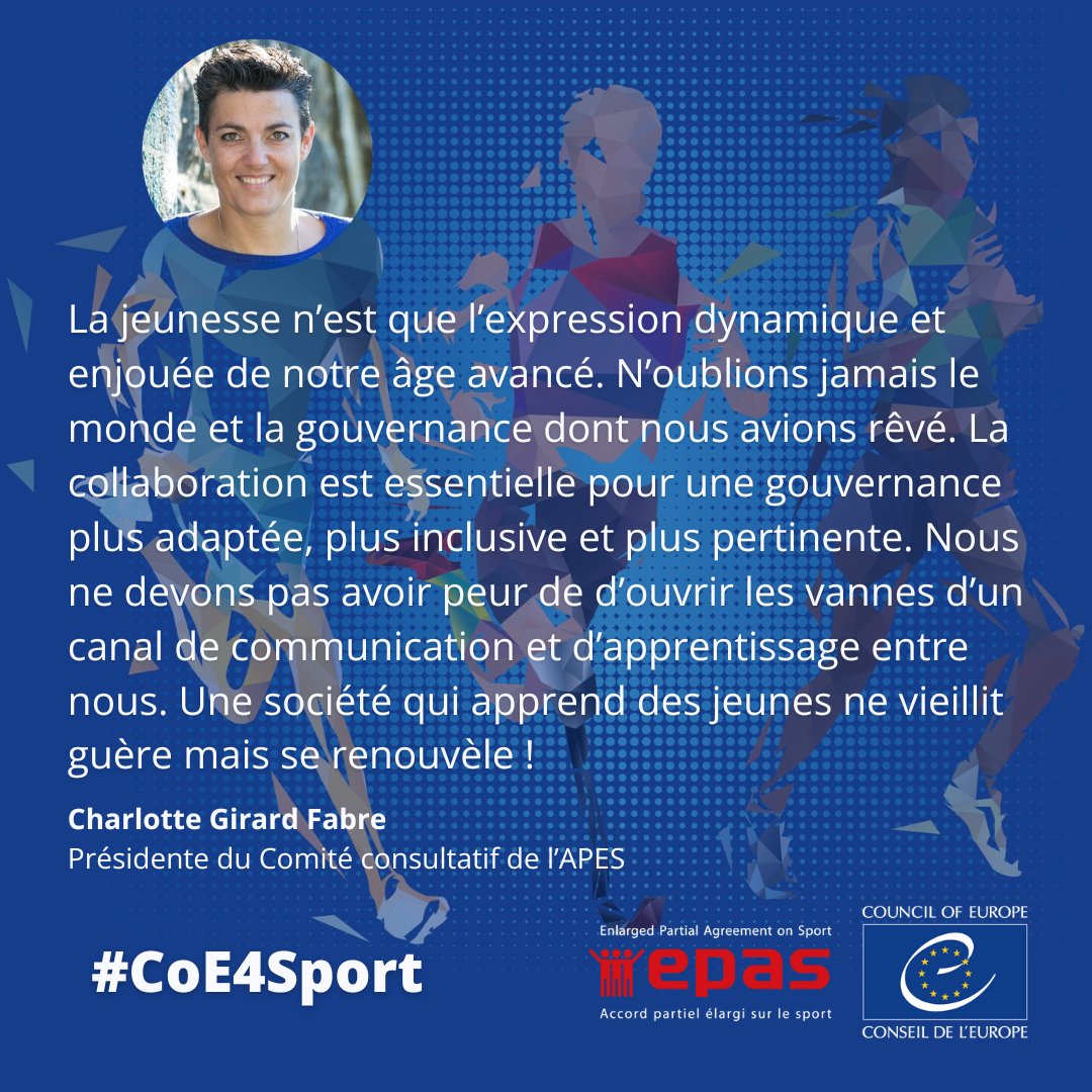 Apprendre des jeunes pour créer des sociétés plus dynamiques et enjouées à travers le sport –

<a href="/Charlotte_G_F/">Charlotte GIRARD FABRE</a>, Présidente du Comité consultatif de l’APES, a ouvert la table ronde « Champions jeunesse et sports » à Porto 🇵🇹 dans le cadre de l'initiative jeunesse

#CoE4Sport