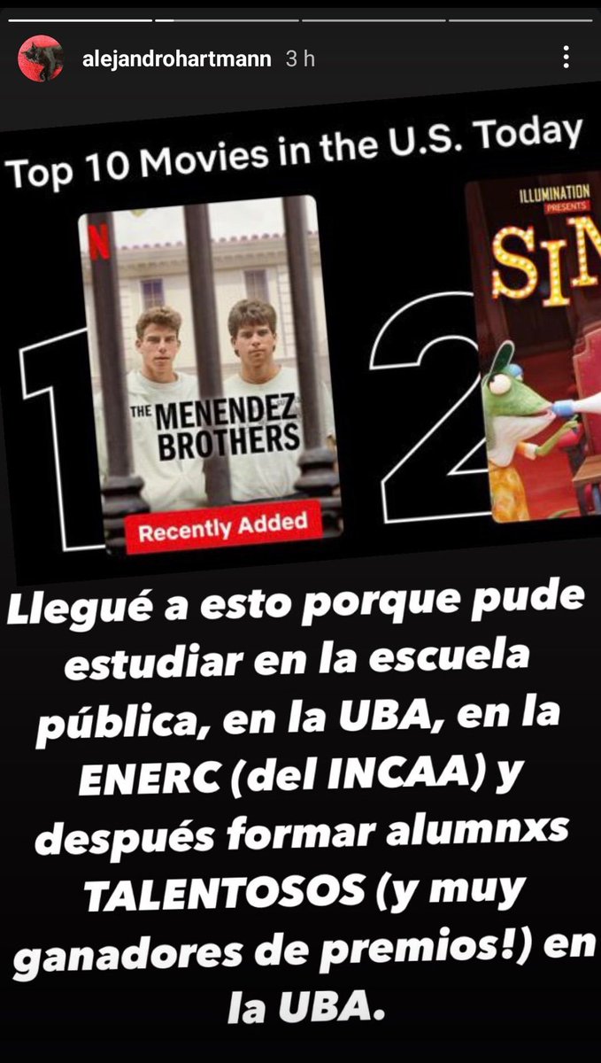 eldestapeweb's tweet photo. "Llegue a esto porque pude estudiar en la escuela publica, en la UBA, en la ENERC" 📢

▶️ Alejandro Hartmann, el director de The Menendez Brothers, la serie que es furor en todo el mundo, salió a apoyar a las universidades públicas.
