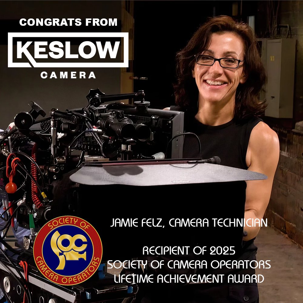 keslowcamera's tweet image. Keslow Camera would like to congratulate Camera Technician Jamie Felz, recipient of the 2025 Society of Camera Operators Lifetime Achievement Award! Well deserved, Jamie! 🙌

#SocietyOfCameraOperators #SOCawards