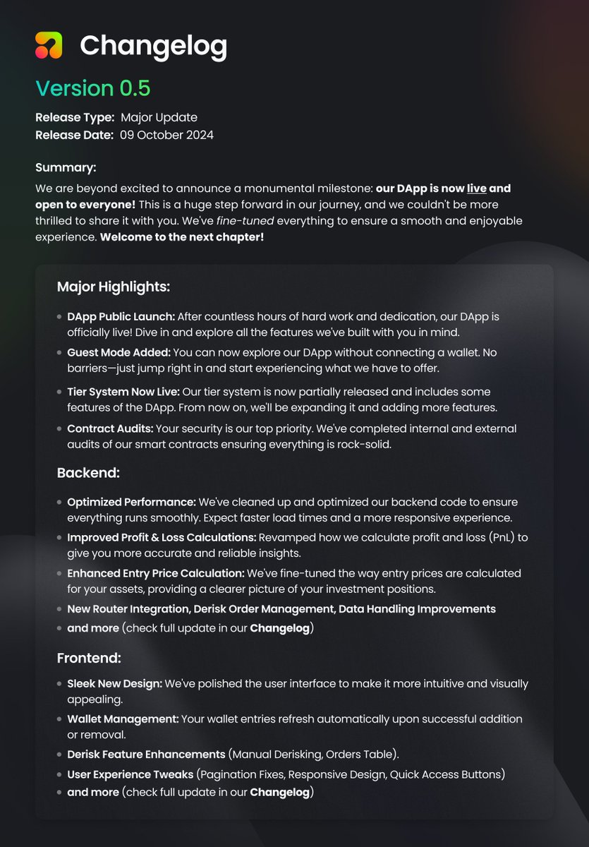 ApeScreener Changelog Update 
Version - 0.5 

Release Type: Major Update
Release Date: 9 October 2024 

For more information kindly within our Changelog Page: 
docs.apescreener.xyz/information/ch…

Summary: We are beyond excited to announce a monumental milestone: our DApp is now live and