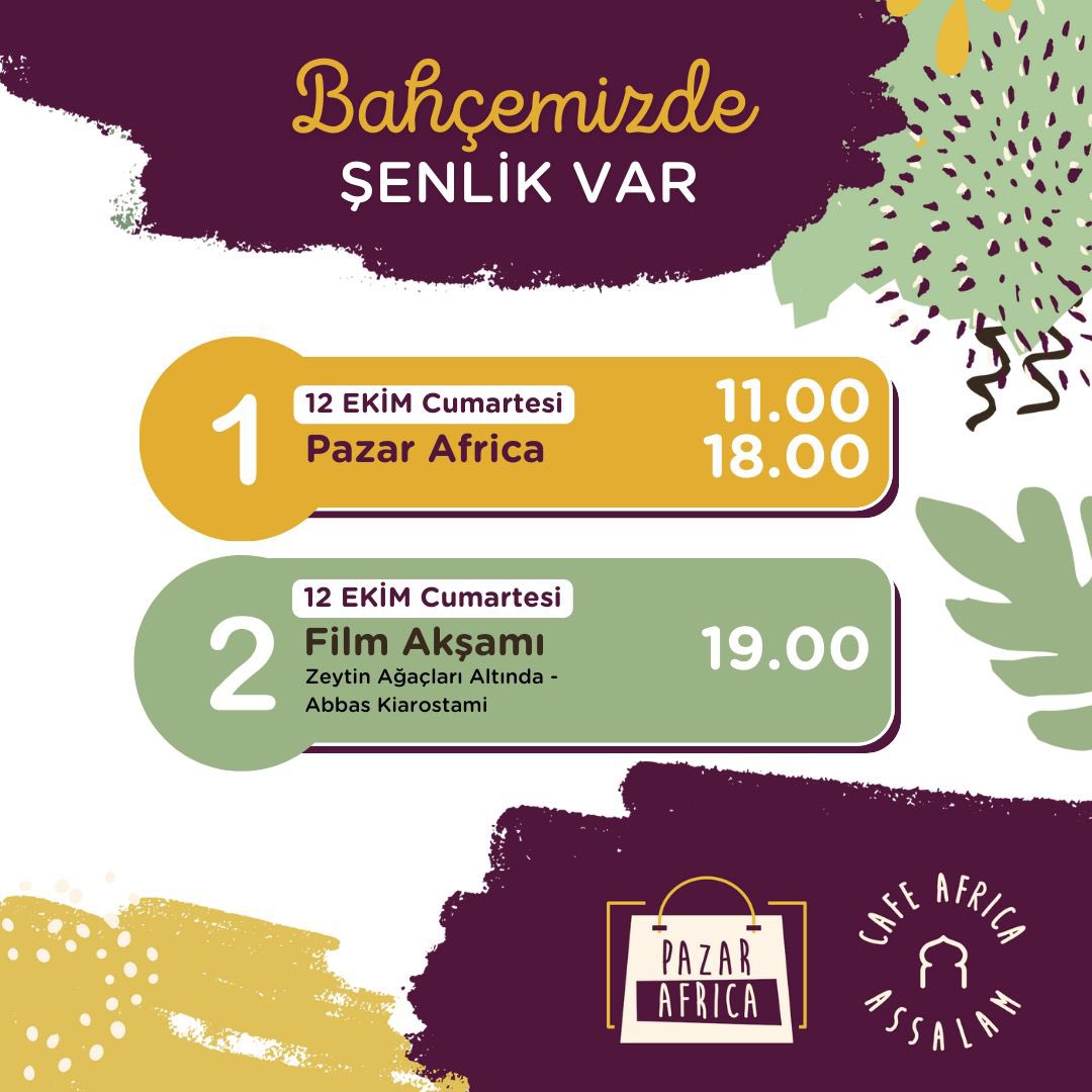Alselamdernegi's tweet photo. Pazar Afrika'ya herkesi bekliyoruz🍁✨🫧

#pazarafrika #vassalam #zanzibar #afrika #gönüllütopluluğu #etkinlik #filmakşamı #zeytinagaclarialtinda #bilet #biletariyorum #şenlik #şenlikvar #cafeafrica #cafe #kafe #bahçemizdeşenlikvar https://t.co/rDlB38WtwZ