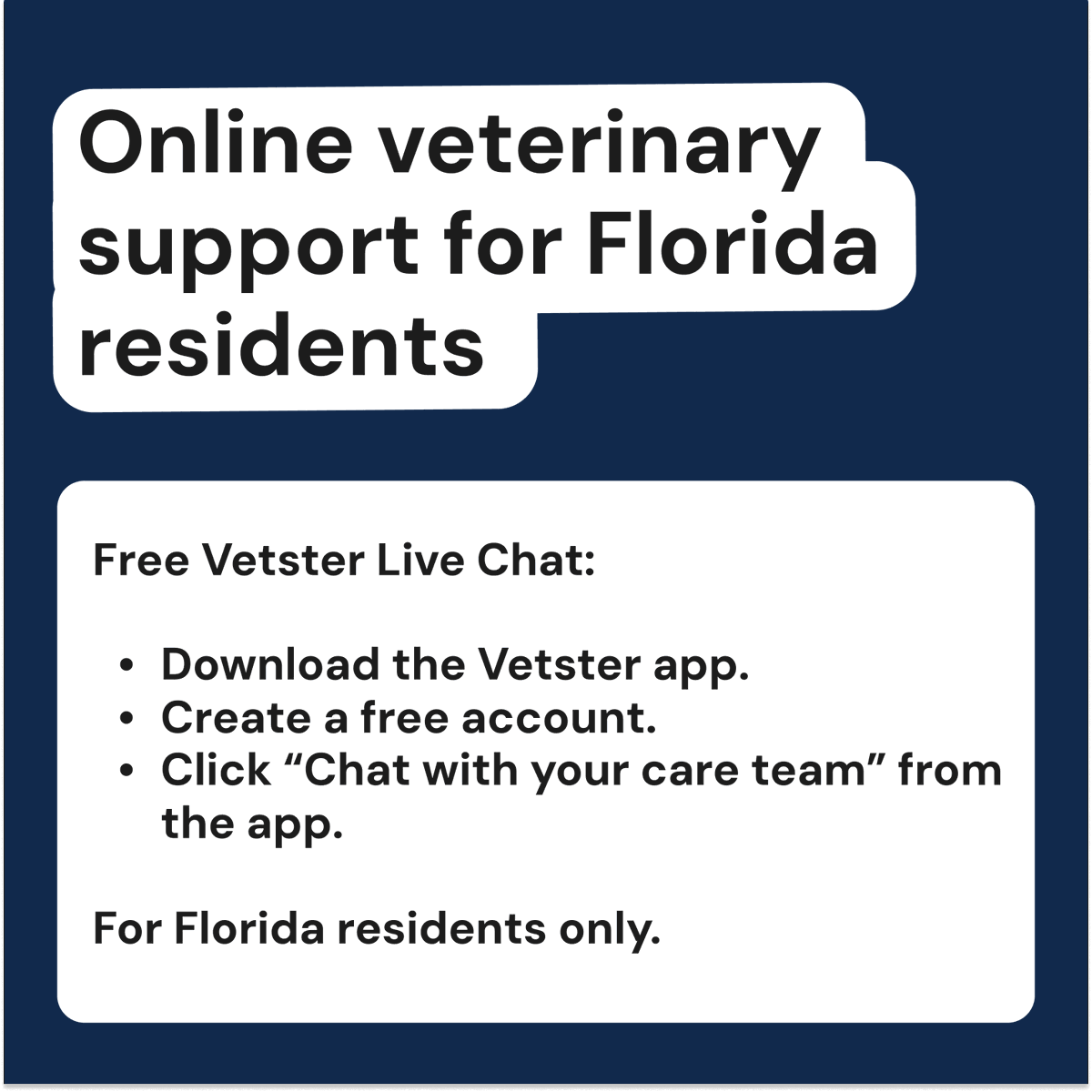 As Hurricane Milton approaches, we’re here for Floridians and their pets. Vetster is offering free live chat services for the rest of October, connecting pet owners with dedicated RVTs for expert guidance. Florida residents can access support through our mobile app.