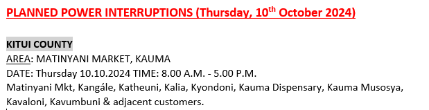 KenyaPower_Care's tweet photo. Hello, these areas will be affected by scheduled power interruptions tomorrow: ^BT https://t.co/akDdWaOsru