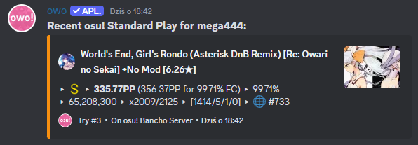mega444_osu's tweet photo. Chocked #2 top play today with sad sliderbreak, though it's still first pp gain in 4 years. Maybe I should start derusting HR https://t.co/Dvr4JERKPn