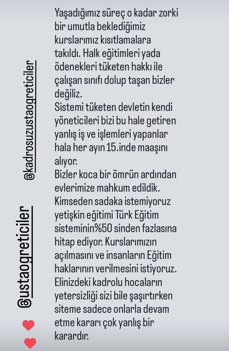 Usta öğreticilerin 
✓Çalışma şartları adaletli   düzenleme getirilmesi
✓Sendikal hak verilmesi
✓Özlük haklarının verilmesi 
✓Güvenceli olarak istihdam edilmesi 
✓ Kotanın kaldırılarak kursların açılması talebimizdir 
<a href="/mebhbogm/">MEB Hayat Boyu Öğrenme Genel Müdürlüğü</a>