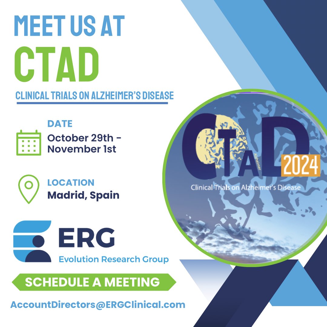 ERGClinical's tweet photo. Our team at Evolution Research Group is thrilled to be part of the upcoming CTAD Clinical Trials on Alzheimer's Disease conference from October 31st-November 1st in Madrid, Spain. Email us at AccountDirectors@ergclinical.com to schedule a meeting with our team. https://t.co/WbNq1bFbiU
