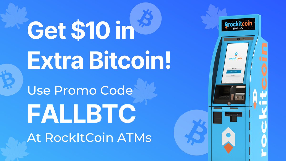 🍁 Autumn is here, and so is extra Bitcoin! 🍂

Use promo code FALLBTC for a $10 boost in Bitcoin when you make a qualifying purchase of $200+ at any RockItCoin ATM! 🍁

Don’t miss out—this offer is as limited as the leaves on the trees. 🍃

Offer valid through 10/25/24