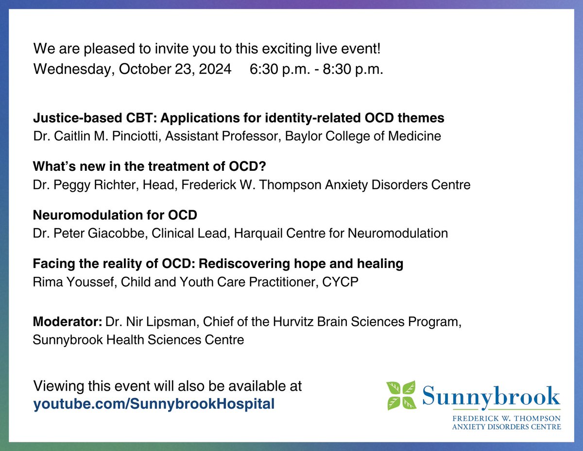 peggyrichterocd's tweet photo. Mark your Calendars! October 13 -19 is OCD Awareness Week!
Join us Wednesday, October 23, for a hybrid event at Sunnybrook featuring Dr. Pinciotti (@CMPinciotti) speaking about a justice-based approach to #OCD treatment! #IOCDF #OCDweek https://t.co/c7KSzJNCmH