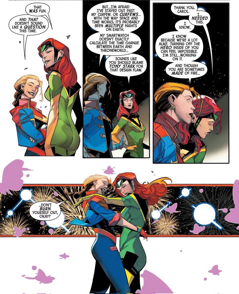 "[...] Somos bem parecidas. Desligar a heroína dentro de você pode parecer impossível. Ainda estou... trabalhando nisso. E embora às vezes você seja feita de fogo, não se queime, ok?"

Carol Danvers e Jean Grey em Phoenix #4, edição de hoje.