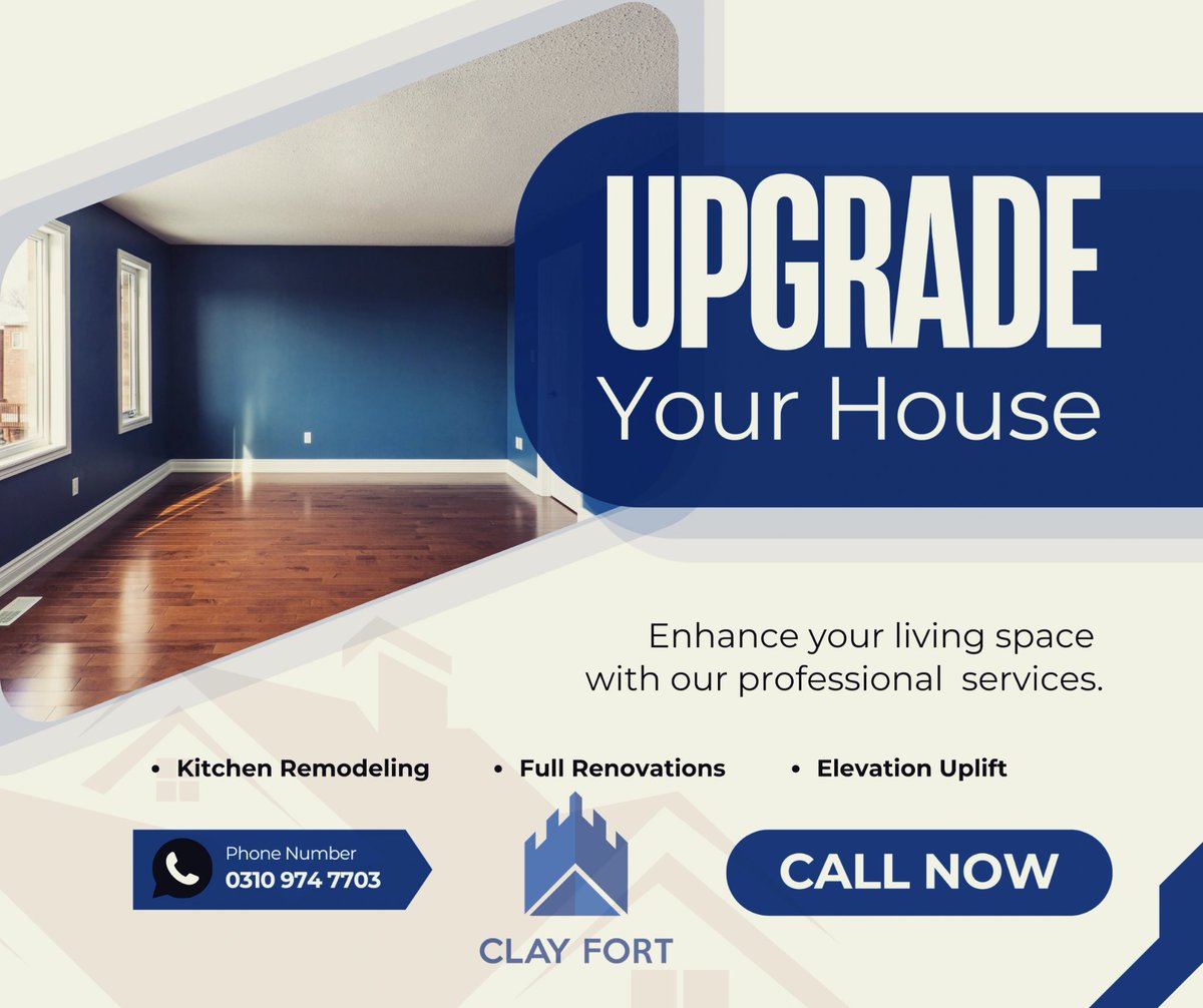 ClayPvt's tweet photo. Upgrade your home with our expert renovation services in Islamabad! Whether it’s a stylish kitchen remodel, an elevation uplift, or a complete renovation, we’ve got you covered. Let’s bring your vision to life!

#CLAYFORT #Construction #Renovation #architecture #Remodelling https://t.co/8SF9pVnmQp