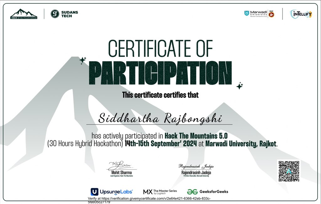 siddharthastwt's tweet image. Successfully participated in the @HackMountains 5.0 Hybrid Hackathon from 14th-15th September, 2024 at @MU_Rajkot