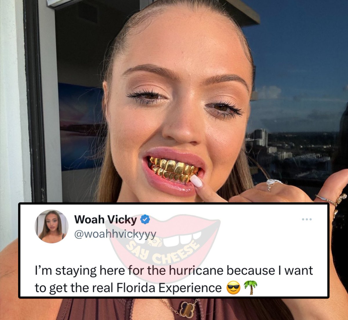SaycheeseDGTL's tweet photo. Woah Vicky explains why she didn't evacuate Florida: “I want to get the real Florida experience” https://t.co/5NU1ECpY7I