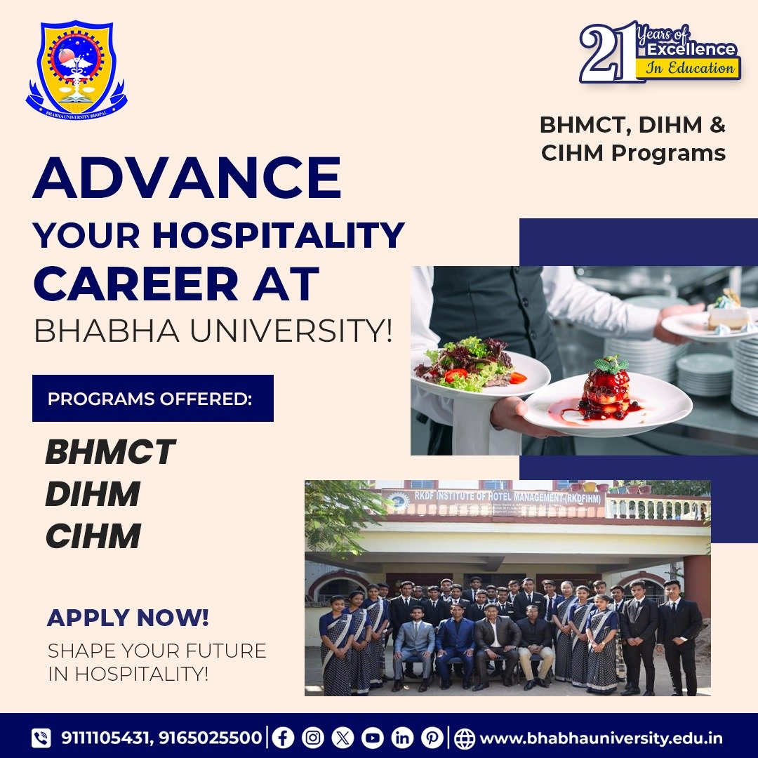 BhabhaUniversty's tweet photo. Take your hospitality career to the next level at Bhabha University! Enroll in our top-notch programs—BHMCT, DIHM, and CIHM—and build a successful future in the ever-growing hospitality industry. 
#HospitalityManagement #CareerInHospitality #BHMCT #DIHM #CIHM #ApplyNow https://t.co/9u6O85EXZo
