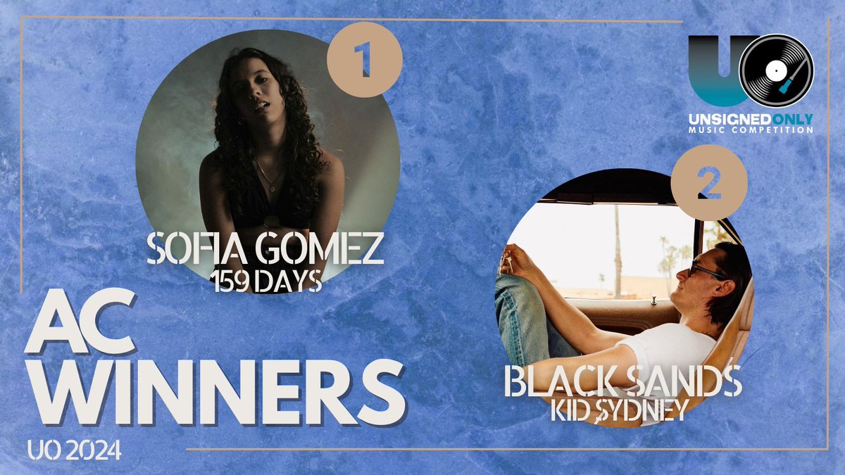 UnsignedOnly's tweet image. Congratulations to the 2024 Unsigned Only Music Competition Winners in the AC Category! 
1st Place:  Sofia Gomez with 159 Days
2nd Place:  Black Sands with Kid Sydney
Stay tuned for more updates and highlights from all the amazing talent in this year's competition. #UnsignedOnly