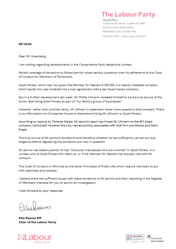 Robert Jenrick has accepted another donation from the company that took a loan from an untraceable firm based in the British Virgin Islands.

Questions about the ultimate source of funds remain.

My letter to the Parliamentary Standards Commissioner calling for an investigation👇