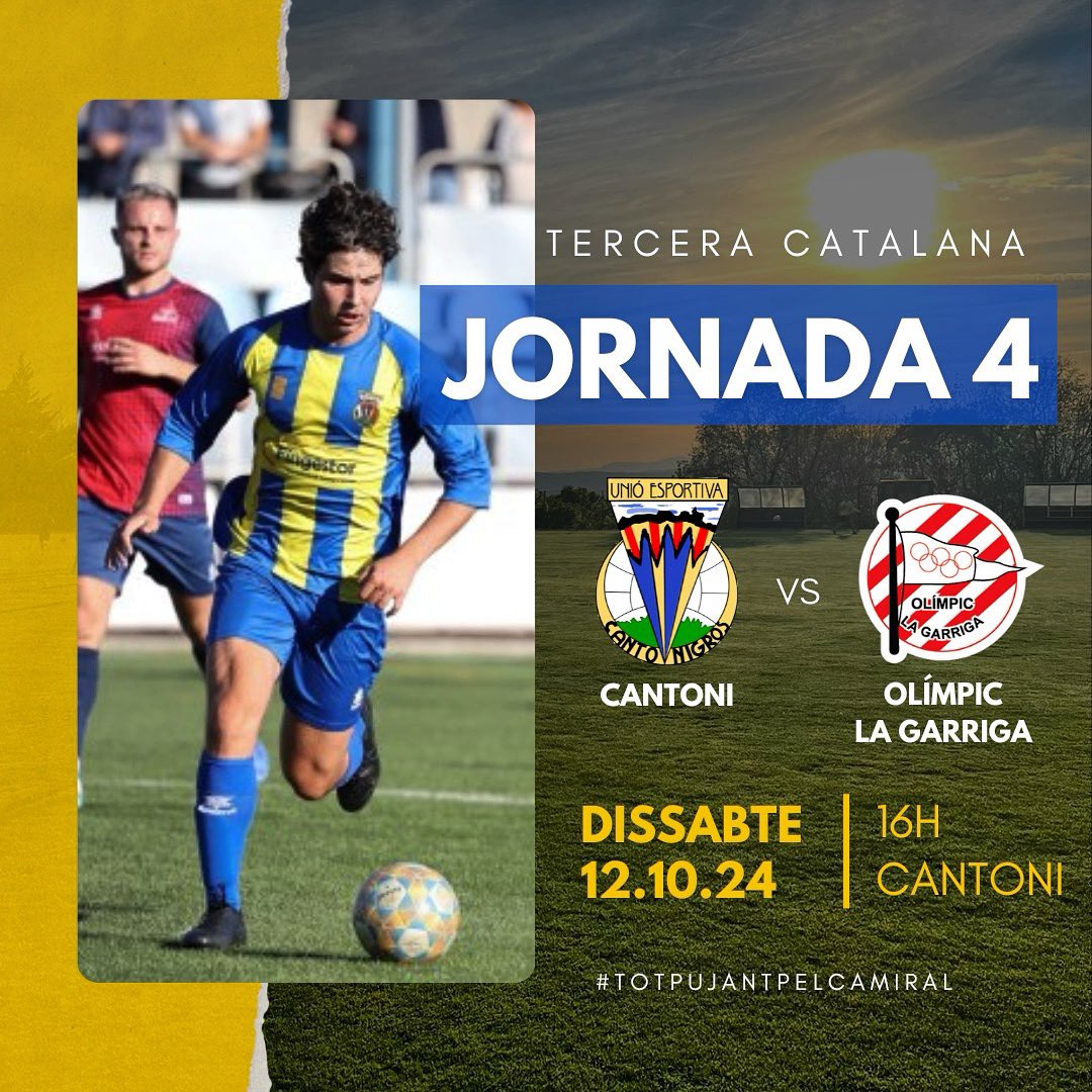 U.E. Cantonigròs 🎗️ (@uecantoni) on Twitter photo 😎 Dissabte, PARTIDÀS a Cantoni!
Ens visita un dels favorits, el <a href="/CFOlimpic/">CF Olímpic LaGarriga</a>, de ben segur que donarem guerra. Us esperem al camp!
#3cat4 #futbolcat 😎 Dissabte, PARTIDÀS a Cantoni!
Ens visita un dels favorits, el <a href="/CFOlimpic/">CF Olímpic LaGarriga</a>, de ben segur que donarem guerra. Us esperem al camp!
#3cat4 #futbolcat