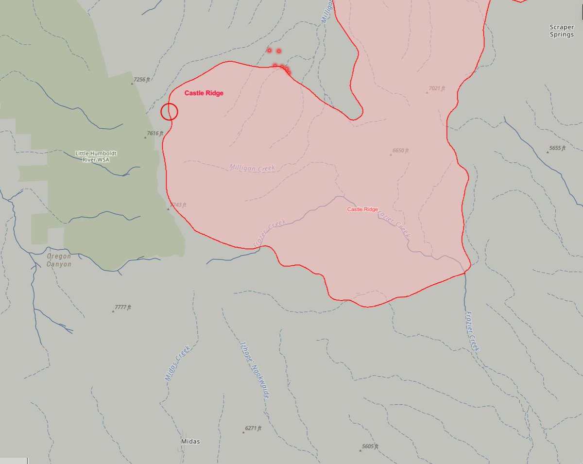 #CastleRidgeFire is ¼ mile north of Midas, Elko Co. &amp; 25,762 acres, 20% contained.
Forward progress stopped overnight.

Get real-time updates and track movement on the Fire Map: NevadaFireInfo.org 

More updates: inciweb.wildfire.gov/incident-infor…
#FireYear2024