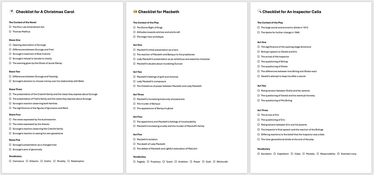 DoWise's tweet photo. Revision checklists for A Christmas Carol, Macbeth and An Inspector Calls https://t.co/plDUpurZf5 Designed to help guide revision, so will need a bit of elaboration ✅ https://t.co/i33kp5ACBG