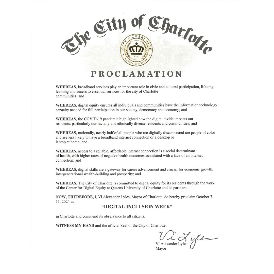 CDEConnects's tweet photo. On Day 3, we thank @CLTgov for their support, as Mayor Li Vyles proclaimed this week #DIW2024 for the City of Charlotte. Also to recap yesterday, Cybersecurity Day at @cpcc in collaboration with Smart Charlotte was a hit! Meanwhile, @unccharlotte discussed urban digital divides. https://t.co/bLQehtSgZL