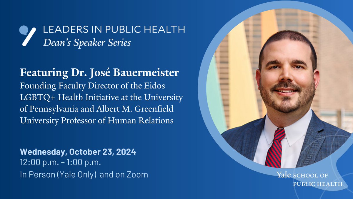Yale School of Public Health (@yalesph) on Twitter photo Join Dean <a href="/meganranney/">Megan Ranney MD MPH 🌻</a> and guest Dr. José Bauermeister for our next Leaders in Public Health. Dr. Bauermeister is the Founding Faculty Director of <a href="/PennEidos/">Eidos LGBTQ+ Health Initiative</a>.
📅 October 23, 2024
🕒 12:00 p.m. – 1:00 p.m.
💻 Tune in on Zoom: yale.zoom.us/webinar/regist… Join Dean <a href="/meganranney/">Megan Ranney MD MPH 🌻</a> and guest Dr. José Bauermeister for our next Leaders in Public Health. Dr. Bauermeister is the Founding Faculty Director of <a href="/PennEidos/">Eidos LGBTQ+ Health Initiative</a>.
📅 October 23, 2024
🕒 12:00 p.m. – 1:00 p.m.
💻 Tune in on Zoom: yale.zoom.us/webinar/regist…