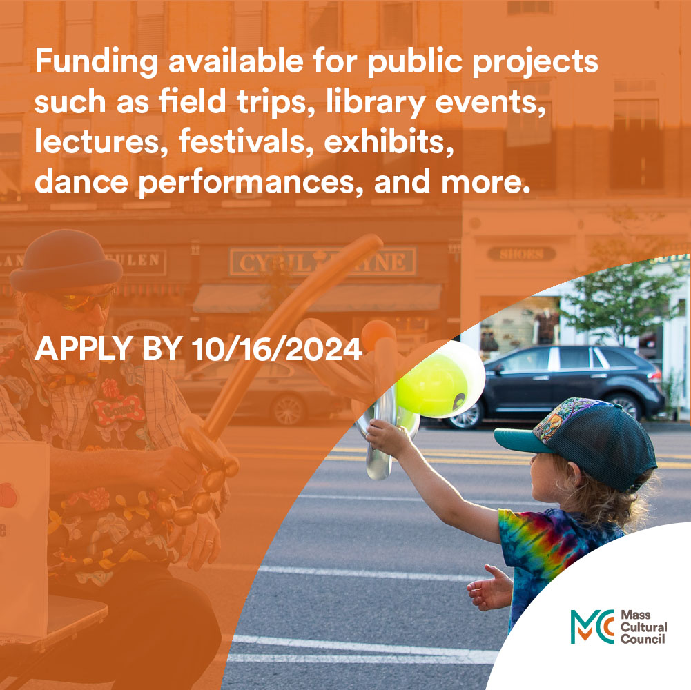 masscultural's tweet photo. ONE WEEK LEFT TO APPLY: Local Cultural Council grants are available for community-based arts and culture projects. Public programs will be supported in every community in Mass. Deadline: Oct. 16. #PowerOfCulture #mapoli https://t.co/EtDve7y6li https://t.co/DqvaxOQKra
