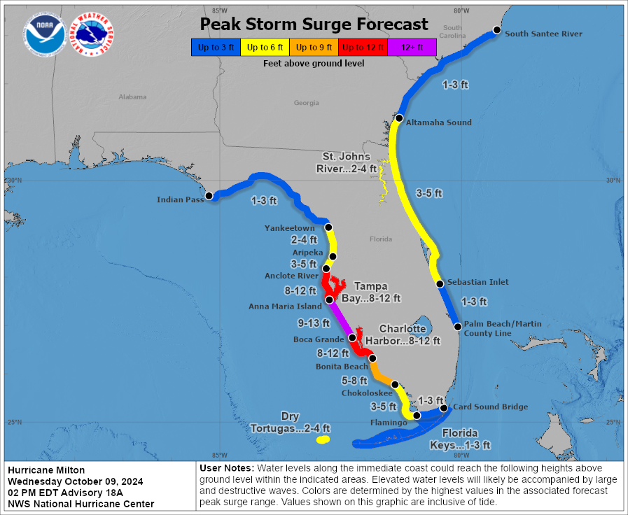 NHC_Surge's tweet image. 10/9 2pm EDT: A large area of destructive storm surge is expected along a portion of the west-central coast of the Florida Peninsula.
If you are in the Storm Surge Warning area, this is an extremely life-threatening situation. The time to evacuate is quickly coming to a close.